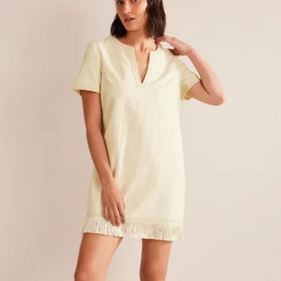 Boden Fringe Trim Hem Mini Shift Dress in Ivory 100% Cotton Pullover size 6R - Picture 1 of 13